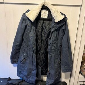 Blue jacket with removable hood